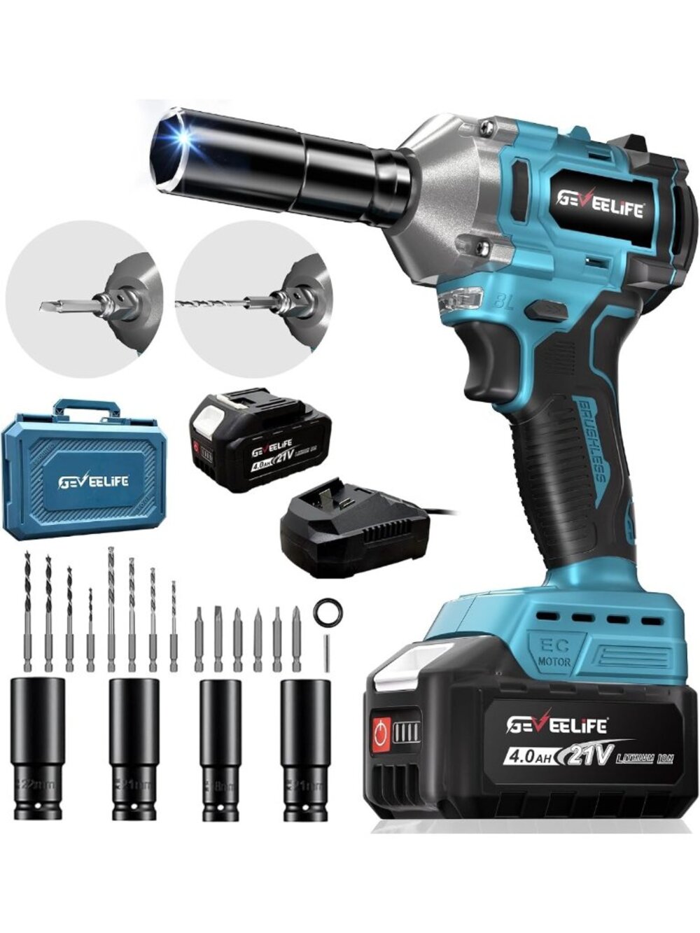 Powerful 1/2" Cordless Brushless Impact Wrench with 4.0Ah Battery & 4 Sockets